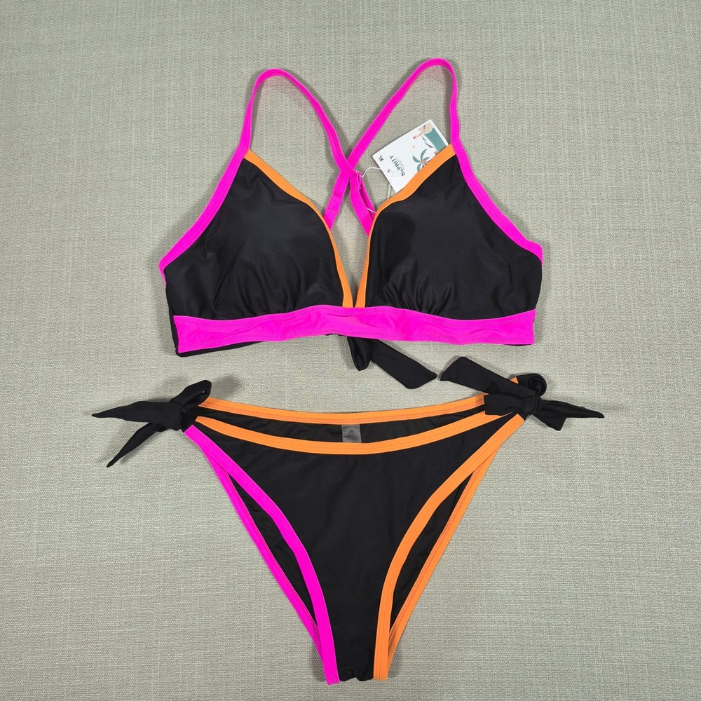 B2PRITY Womens Bikini Set Black Neon Pink Orange Colorblock Low Rise XL NWT‎